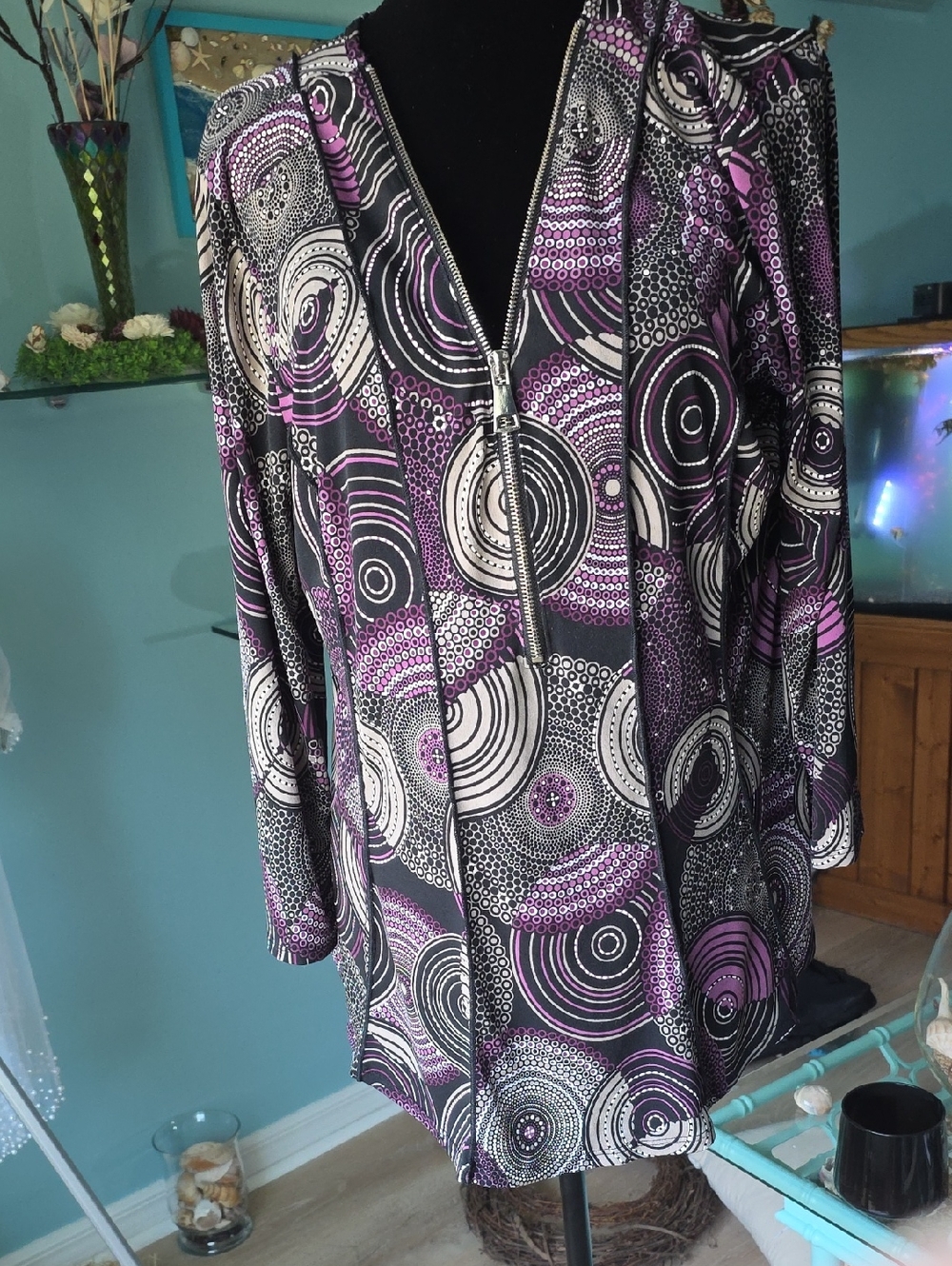 Women’s Purple & Black Printed Zip-Front Long Sleeve